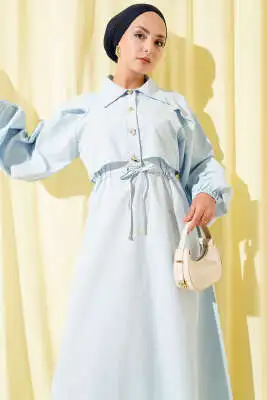 Simetrik Yarım Düğmeli Elbise Mavi - Tesettür Elbise