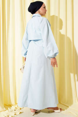 Simetrik Yarım Düğmeli Elbise Mavi - Tesettür Elbise