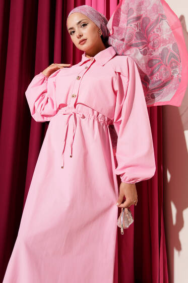 Simetrik Yarım Düğmeli Elbise Pembe - Elbise