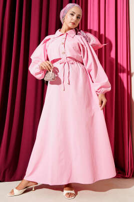 Simetrik Yarım Düğmeli Elbise Pembe - Tesettür Elbise