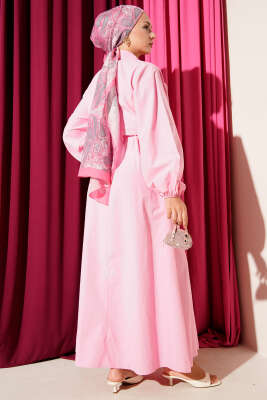 Simetrik Yarım Düğmeli Elbise Pembe - Tesettür Elbise