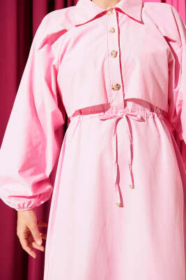 Simetrik Yarım Düğmeli Elbise Pembe - Tesettür Elbise