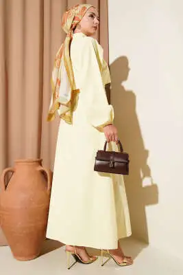 Simetrik Yarım Düğmeli Elbise Sarı - Tesettür Elbise