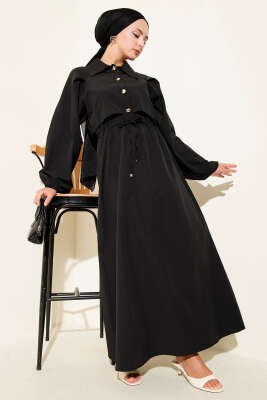 Simetrik Yarım Düğmeli Elbise Siyah - NEVA MODA