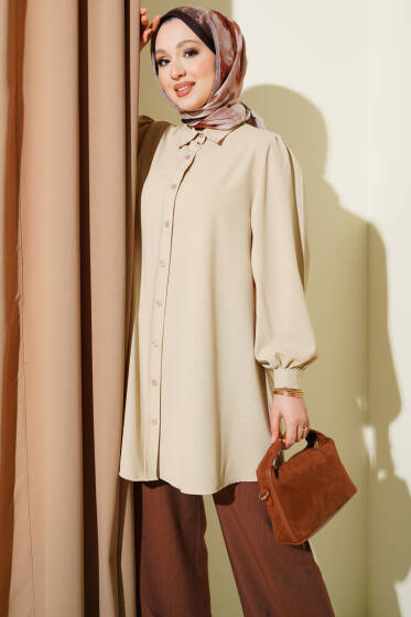 Simli Balon Kol Gömlek Bej - Gömlek