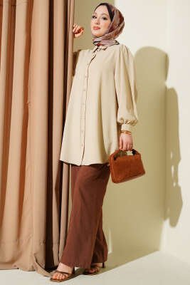 Simli Balon Kol Gömlek Bej - Gömlek