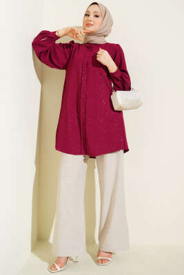 Simli Balon Kol Gömlek Bordo - Gömlek