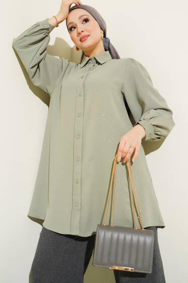 Simli Balon Kol Gömlek Çağla Yeşili - Gömlek