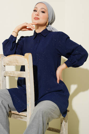 Simli Balon Kol Gömlek Lacivert - Gömlek