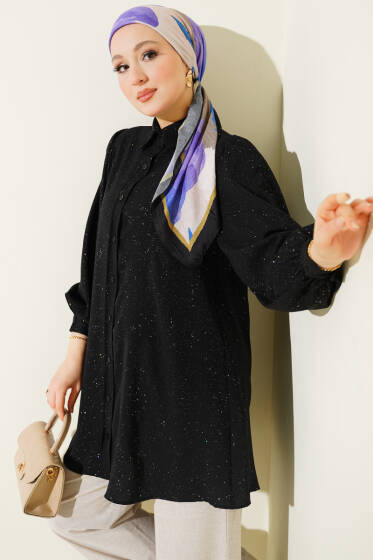 Simli Balon Kol Gömlek Siyah - Gömlek