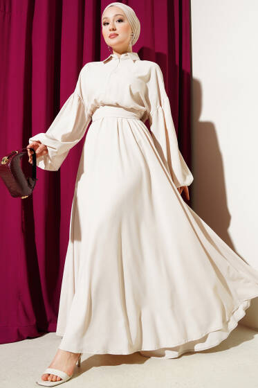 Simli Bel Lastikli Fermuarlı Elbise Bej - Elbise