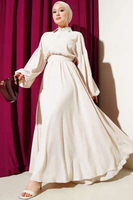 Simli Bel Lastikli Fermuarlı Elbise Bej 