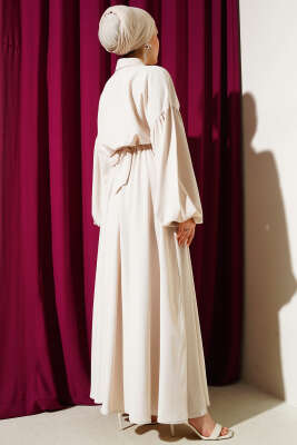 Simli Bel Lastikli Fermuarlı Elbise Bej - Tesettür Elbise