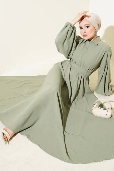 Simli Bel Lastikli Fermuarlı Elbise Çağla Yeşili - Elbise