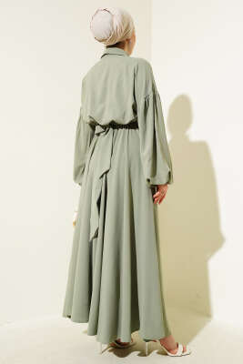 Simli Bel Lastikli Fermuarlı Elbise Çağla Yeşili - Tesettür Elbise