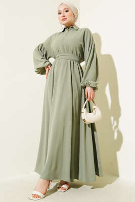 Simli Bel Lastikli Fermuarlı Elbise Çağla Yeşili - Tesettür Elbise