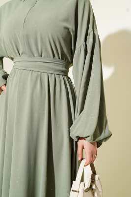 Simli Bel Lastikli Fermuarlı Elbise Çağla Yeşili - Tesettür Elbise