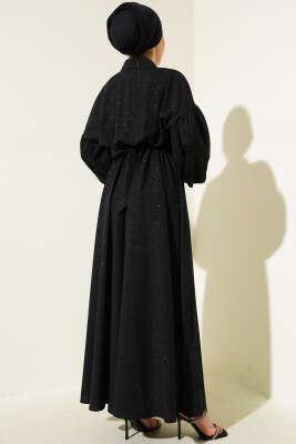 Simli Bel Lastikli Fermuarlı Elbise Siyah - Tesettür Elbise