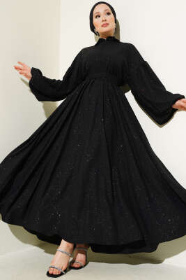 Simli Bel Lastikli Fermuarlı Elbise Siyah 