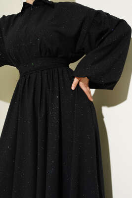 Simli Bel Lastikli Fermuarlı Elbise Siyah - Tesettür Elbise