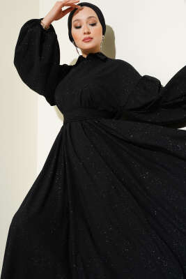 Simli Bel Lastikli Fermuarlı Elbise Siyah - Tesettür Elbise