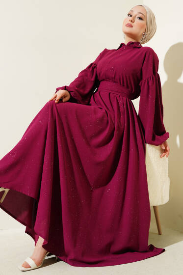 Simli Bel Lastikli Fermuarlı Elbise Vişne - Elbise