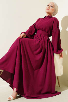 Simli Bel Lastikli Fermuarlı Elbise Vişne - Tesettür Elbise