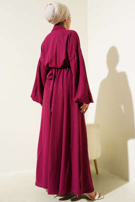 Simli Bel Lastikli Fermuarlı Elbise Vişne - Tesettür Elbise