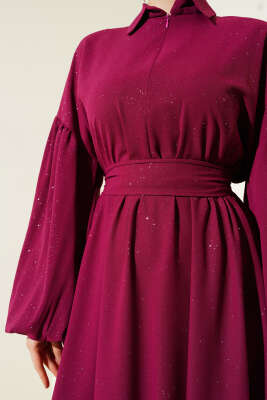 Simli Bel Lastikli Fermuarlı Elbise Vişne - Tesettür Elbise