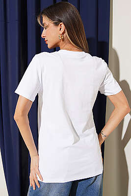 Simli Çiçek Baskılı T-shirt Beyaz - Kadın Giyim Modelleri