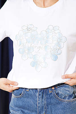 Simli Çiçek Baskılı T-shirt Beyaz - Kadın Giyim Modelleri
