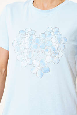 Simli Çiçek Baskılı T-shirt Buz Mavisi - Kadın Giyim Modelleri