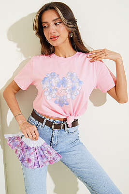 Simli Çiçek Baskılı T-shirt Pembe - Kadın Giyim Modelleri