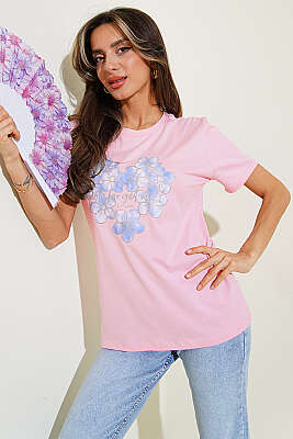 Simli Çiçek Baskılı T-shirt Pembe - Kadın Giyim Modelleri