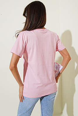 Simli Çiçek Baskılı T-shirt Pembe - Kadın Giyim Modelleri