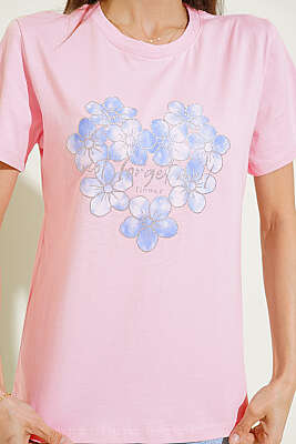 Simli Çiçek Baskılı T-shirt Pembe - Kadın Giyim Modelleri