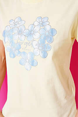 Simli Çiçek Baskılı T-shirt Sarı - Kadın Giyim Modelleri