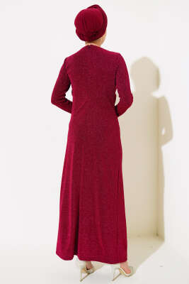Simli Degaje Yaka Elbise Bordo - Tesettür Elbise