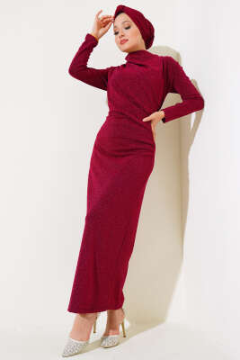 Simli Degaje Yaka Elbise Bordo - Tesettür Elbise