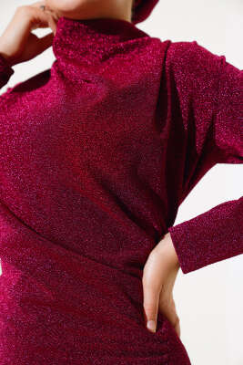 Simli Degaje Yaka Elbise Bordo - Tesettür Elbise