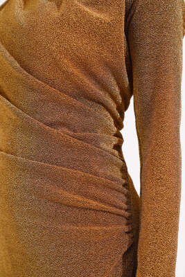 Simli Degaje Yaka Elbise Camel - Tesettür Elbise