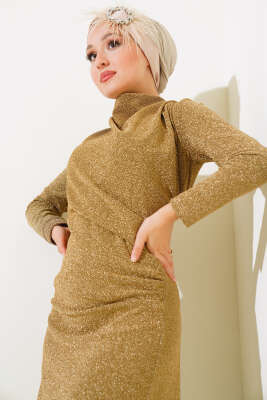 Simli Degaje Yaka Elbise Gold - Tesettür Elbise