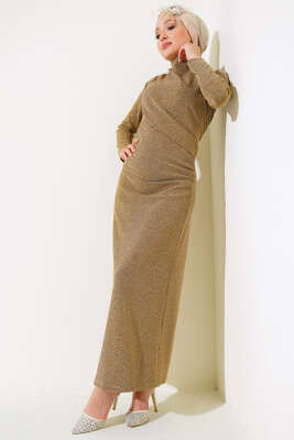 Simli Degaje Yaka Elbise Gold 