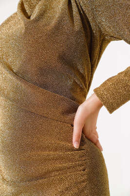 Simli Degaje Yaka Elbise Gold - Tesettür Elbise