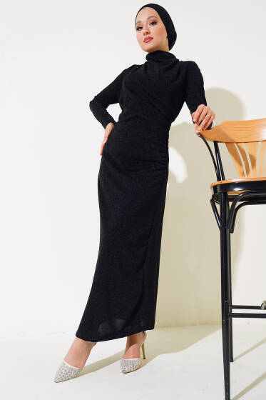Simli Degaje Yaka Elbise Siyah - Elbise