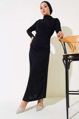 Simli Degaje Yaka Elbise Siyah - Tesettür Elbise