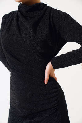 Simli Degaje Yaka Elbise Siyah - Tesettür Elbise