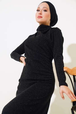 Simli Degaje Yaka Elbise Siyah - Tesettür Elbise