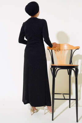 Simli Degaje Yaka Elbise Siyah - Tesettür Elbise