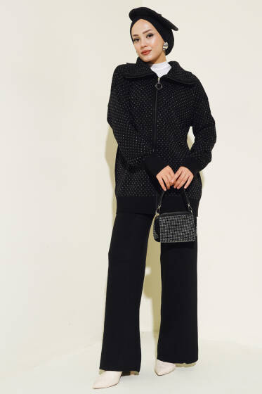 Simli Fermuarlı Triko İkili Takım Siyah - İkili Takım